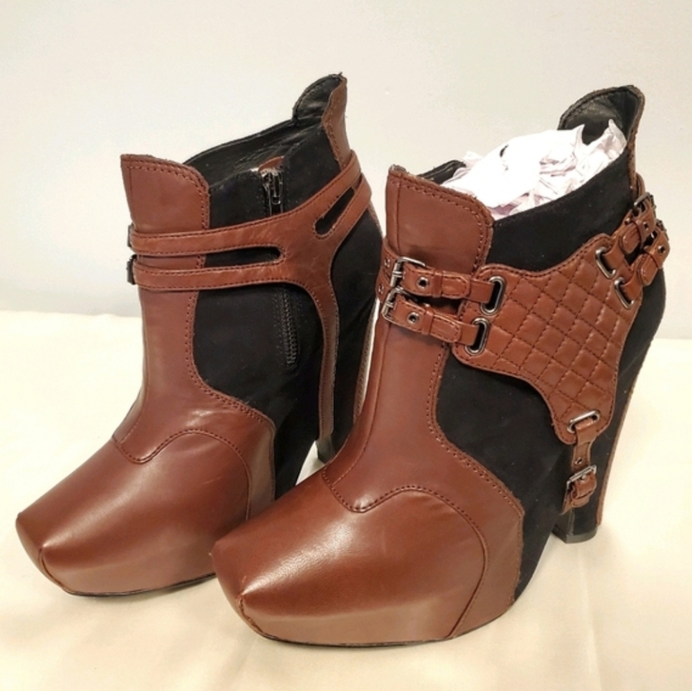 Sam Edelman Brown & Black Buckle Harness Zoe Leather Suede Wedge Ankle Boots sz9